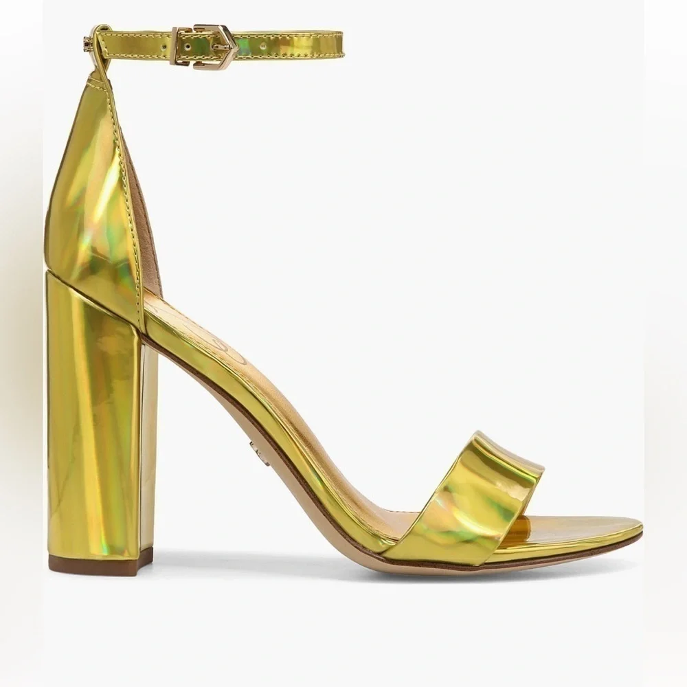 New Sam Edelman Women’s Yaro Ankle Strap Block Heel Sandal in Mimosa Gold Size 8